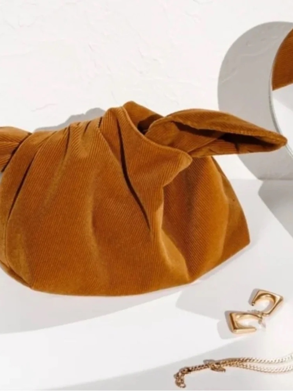 Knot Detail Corduroy Clutch in Camel